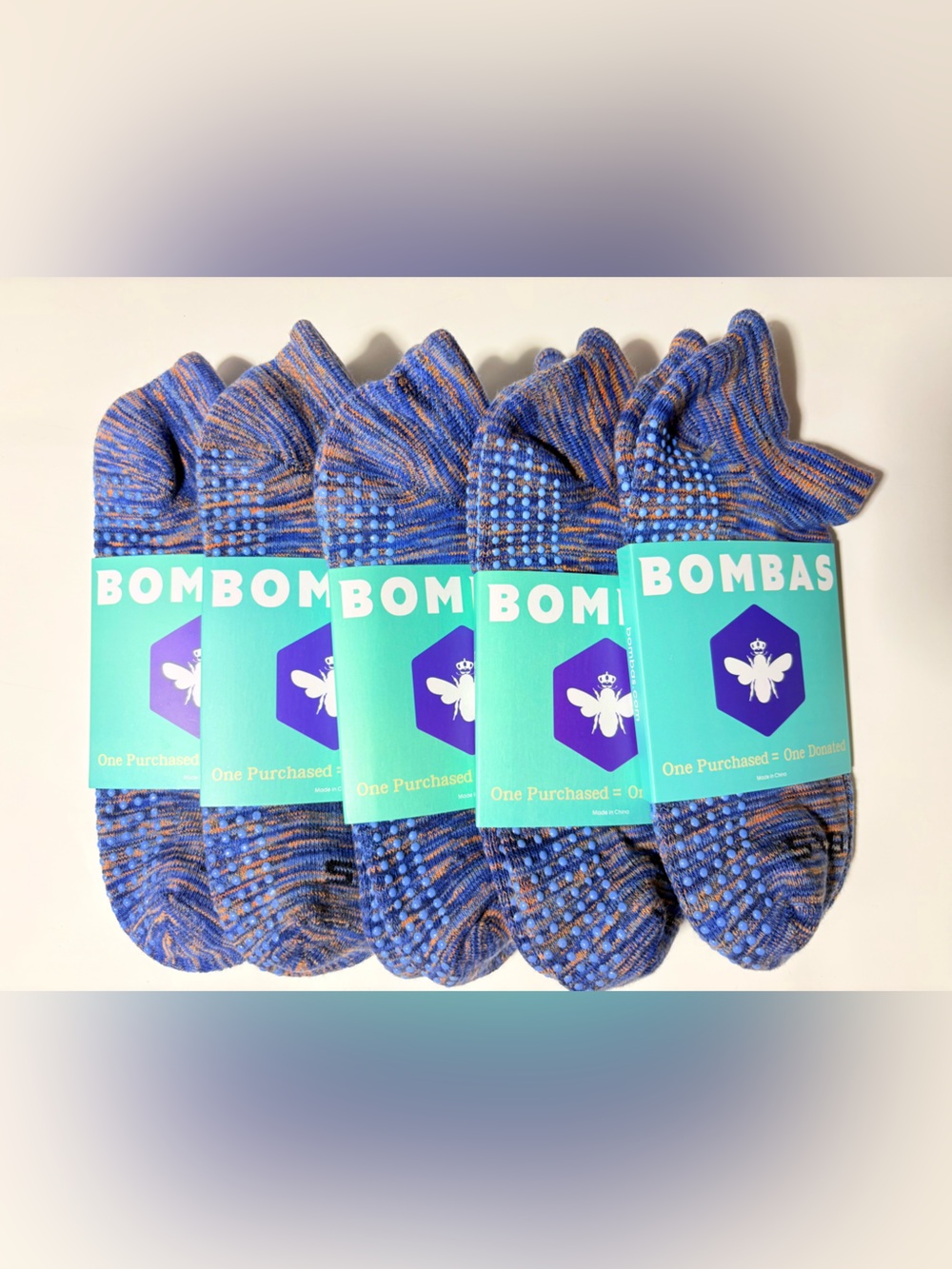 Bombas Women’s No Show Grip Socks Blue Orange Yoga Pilates Socks Size M 5-Pack